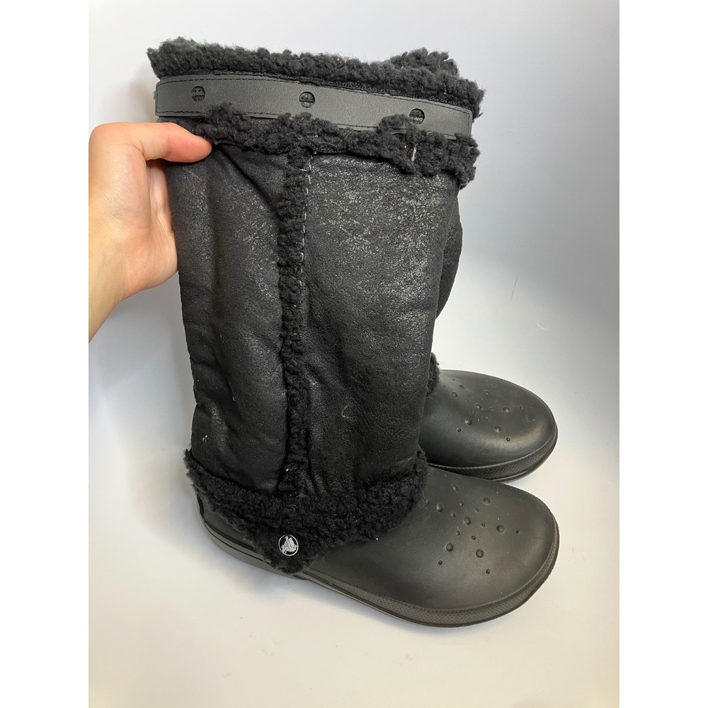 Crocs Winter Boots Women Size 9 Black Good Faux Fur Lined Tall Mid-Calf Boots